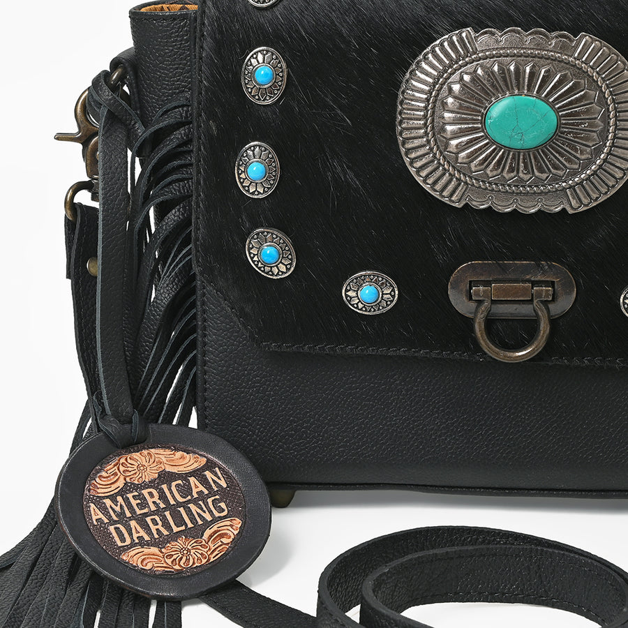 American Darling Western Messenger Bag, Hair-On Cowhide Full Grain Leather with Fringes and Concho, Handcrafted Boho Purse