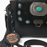 American Darling Western Messenger Bag, Hair-On Cowhide Full Grain Leather with Fringes and Concho, Handcrafted Boho Purse