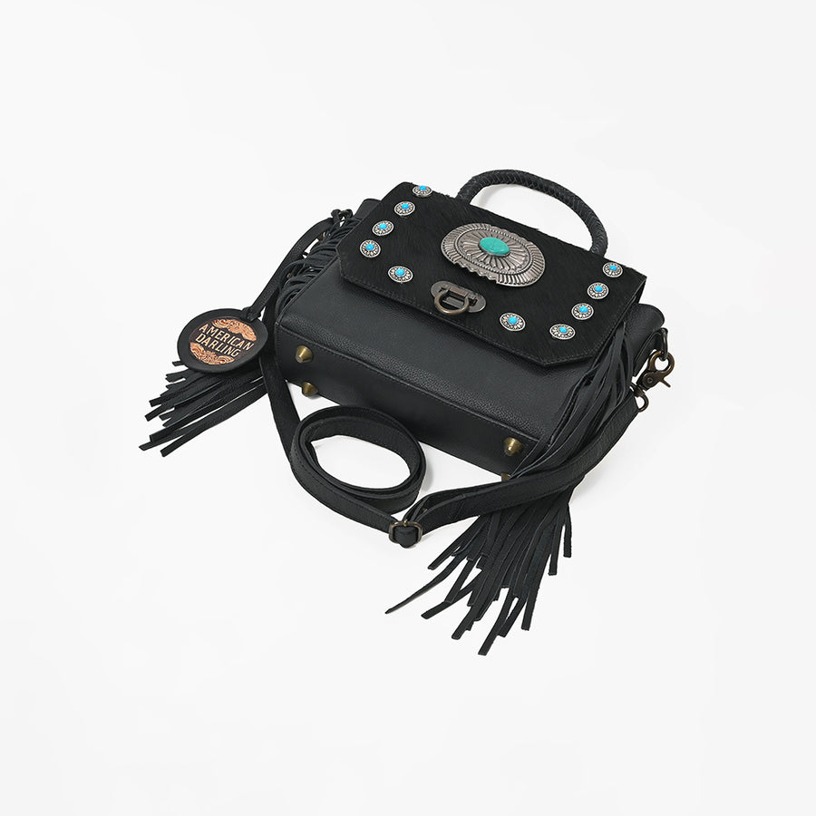 American Darling Western Messenger Bag, Hair-On Cowhide Full Grain Leather with Fringes and Concho, Handcrafted Boho Purse