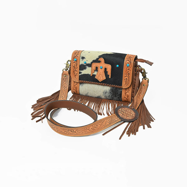 American Darling Western Hair-On Leather Crossbody Bag with Fringe and Hand-Tooled Strap - Uhorse