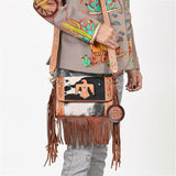 American Darling Western Hair-On Leather Crossbody Bag with Fringe & Hand-Tooled Strap