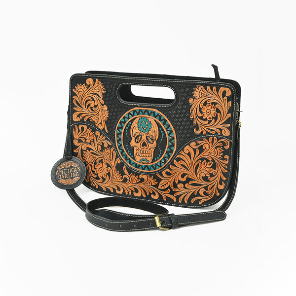 American Darling Hand-Tooled Western Skull Leather Crossbody Bag with Cutout Handle - Uhorse