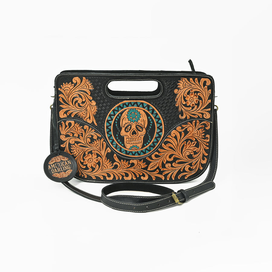 American Darling Hand-Tooled Western Skull Leather Crossbody Bag with Cutout Handle