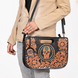 American Darling Hand-Tooled Western Skull Leather Crossbody Bag with Cutout Handle