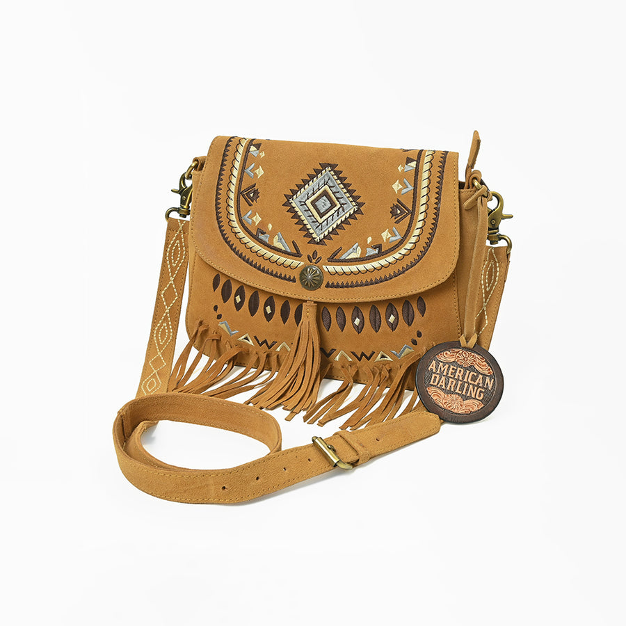 American Darling Boho Western Suede Crossbody Bag with Fringe and Geometric Embroidery - Uhorse