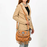 American Darling Boho Western Suede Crossbody Bag with Fringe & Geometric Embroidery
