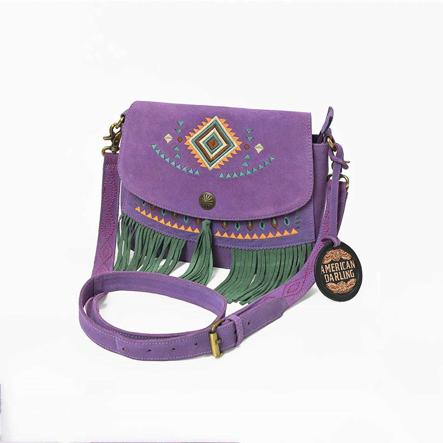 American Darling Boho Western Suede Crossbody Bag with Fringe and Geometric Embroidery - Uhorse