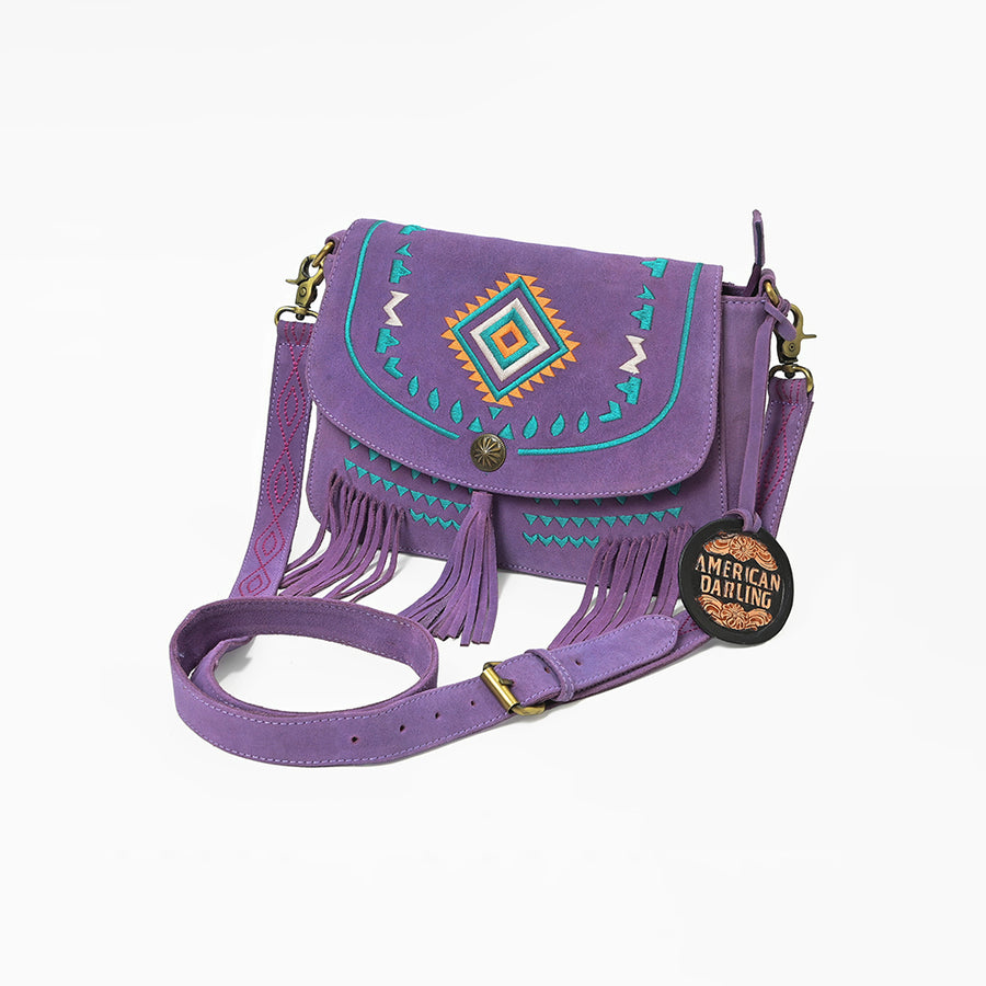 American Darling Boho Western Suede Crossbody Bag with Fringe and Geometric Embroidery - Uhorse