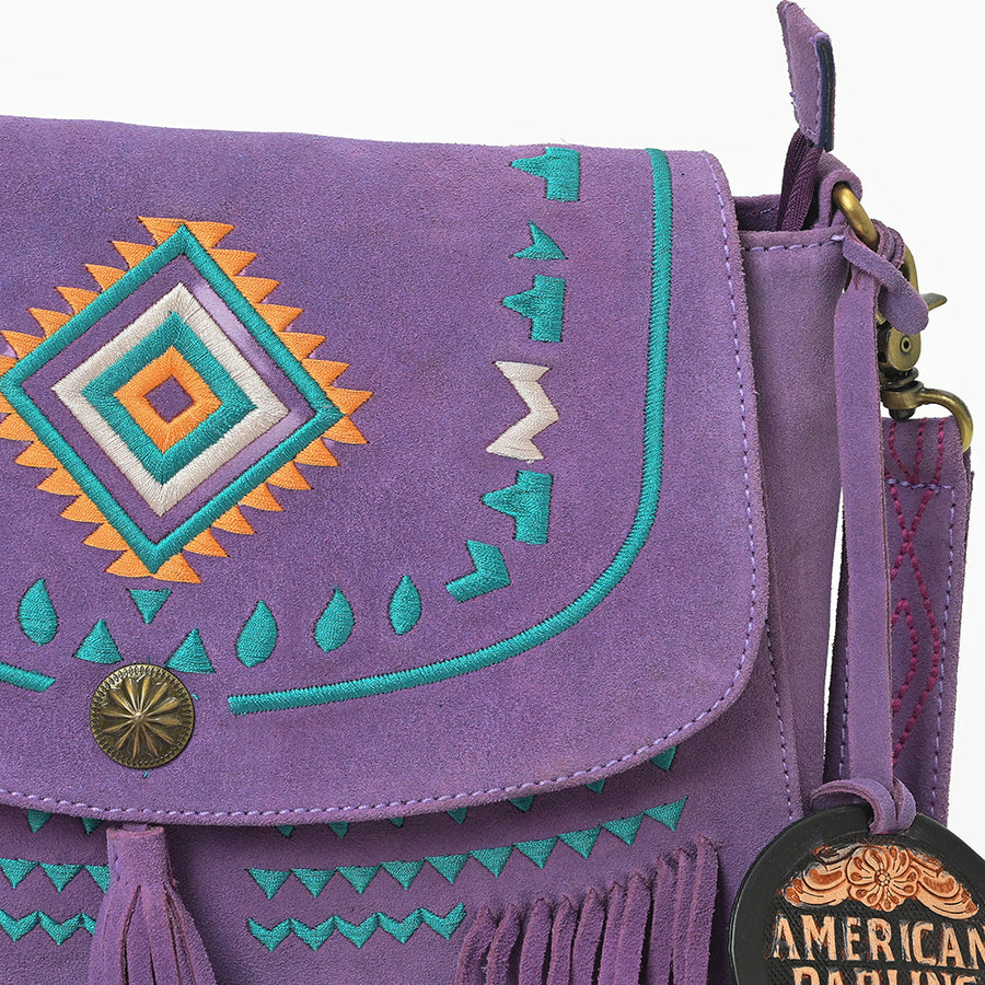 American Darling Boho Western Suede Crossbody Bag with Fringe & Geometric Embroidery
