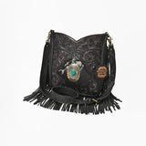 American Darling Hand-Tooled Black Leather Western Fringe Crossbody Bag with Turquoise Concho