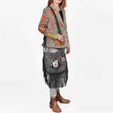 American Darling Hand-Tooled Black Leather Western Fringe Crossbody Bag with Turquoise Concho