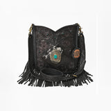 American Darling Hand-Tooled Black Leather Western Fringe Crossbody Bag with Turquoise Concho