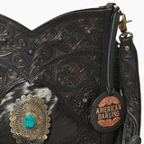 American Darling Hand-Tooled Black Leather Western Fringe Crossbody Bag with Turquoise Concho