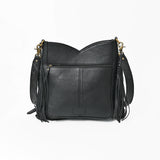 American Darling Hand-Tooled Black Leather Western Fringe Crossbody Bag with Turquoise Concho