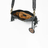 American Darling Hand-Tooled Black Leather Western Fringe Crossbody Bag with Turquoise Concho