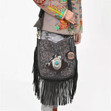 American Darling Hand-Tooled Black Leather Western Fringe Crossbody Bag with Turquoise Concho