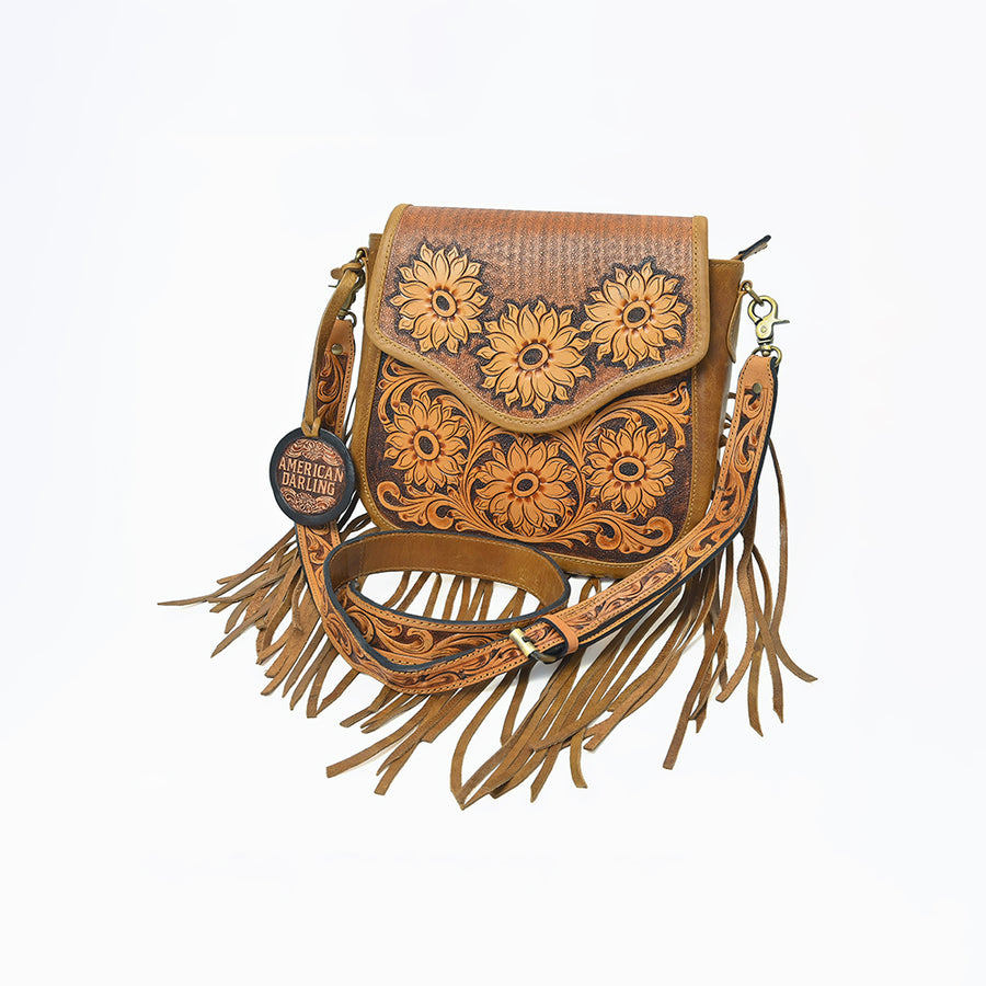 American Darling Sunflower Tooled Leather Fringe Crossbody Bag - Western Boho Handcrafted Purse - Uhorse
