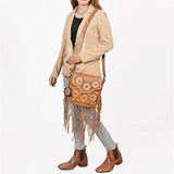 American Darling Sunflower Tooled Leather Fringe Crossbody Bag – Western Boho Handcrafted Purse