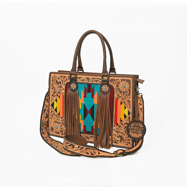 American Darling Western Hand-Tooled Leather Tote Bag with Fringe and Tribal Accent Panel - Uhorse