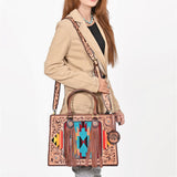 American Darling Western Hand-Tooled Leather Tote Bag with Fringe & Tribal Accent Panel