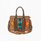 American Darling Western Hand-Tooled Leather Tote Bag with Fringe & Tribal Accent Panel