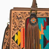American Darling Western Hand-Tooled Leather Tote Bag with Fringe & Tribal Accent Panel