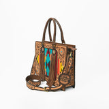 American Darling Western Hand-Tooled Leather Tote Bag with Fringe & Tribal Accent Panel