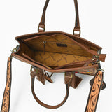 American Darling Western Hand-Tooled Leather Tote Bag with Fringe & Tribal Accent Panel