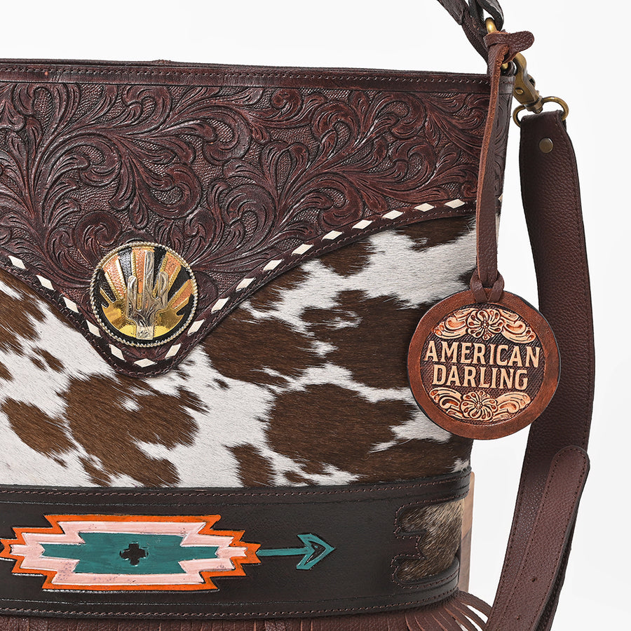 American Darling Women's Genuine Leather Hair-On Cowhide Fringe Crossbody