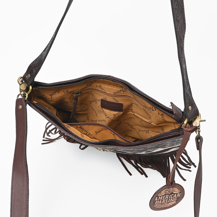 American Darling Women's Genuine Leather Hair-On Cowhide Fringe Crossbody