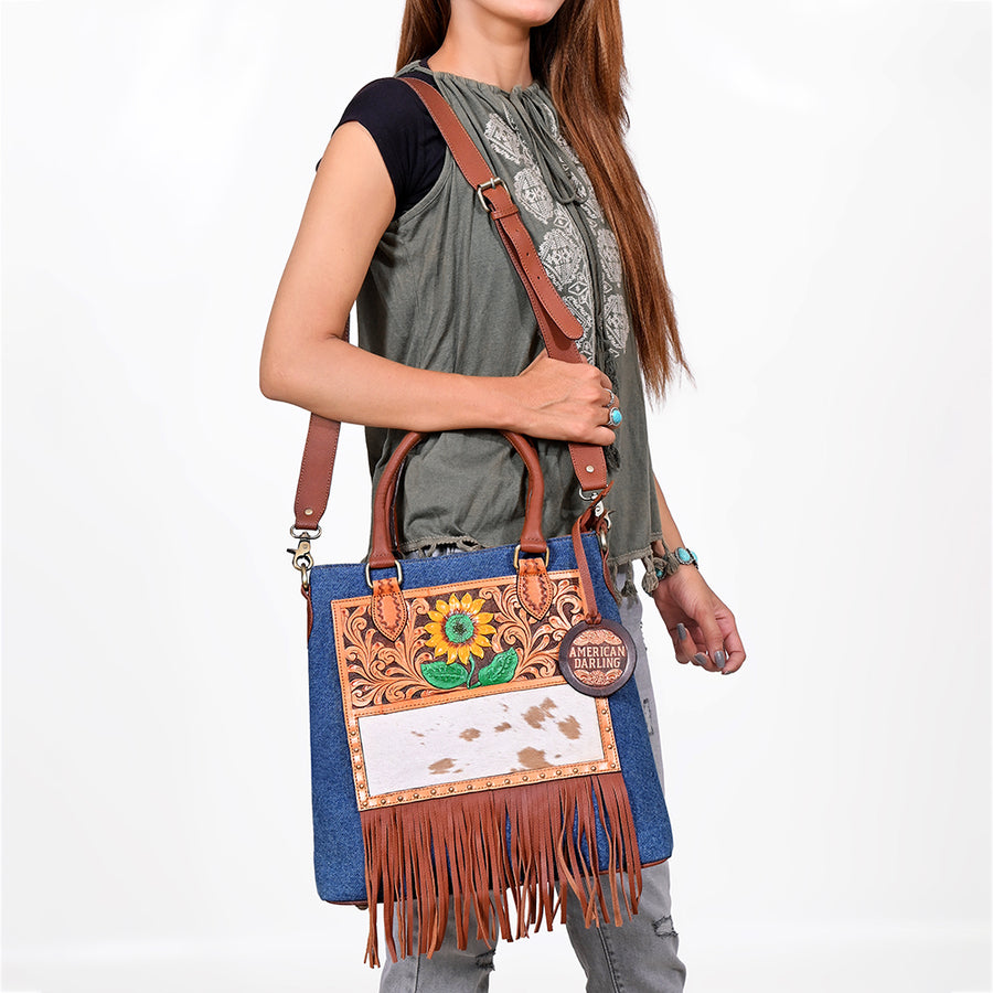 American Darling Women's  Western Tote Bag with Sunflower Tooling Patch Hair-On Hide  Fringe and Adjustable Strap