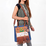 American Darling Women's Genuine Leather Sunflower Tooled Hair-On Cowhide Fringe Tote