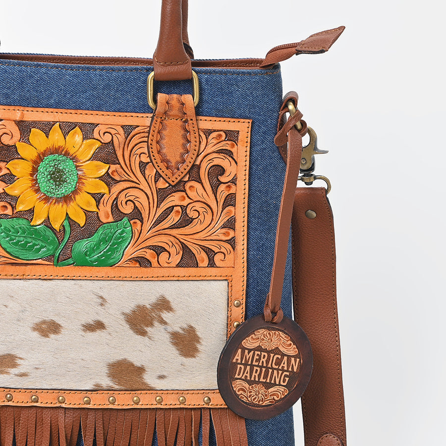 American Darling Women's  Western Tote Bag with Sunflower Tooling Patch Hair-On Hide  Fringe and Adjustable Strap