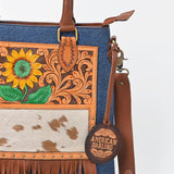 American Darling Women's Genuine Leather Sunflower Tooled Hair-On Cowhide Fringe Tote
