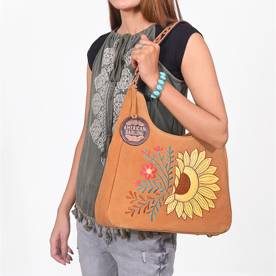 American Darling Women's Genuine Suede Leather Sunflower Embroidered Shoulder Hobo Handbag Tan Boutique Fashion Purse