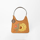 American Darling Women's Genuine Suede Leather Sunflower Embroidered Shoulder Hobo Handbag Tan Boutique Fashion Purse