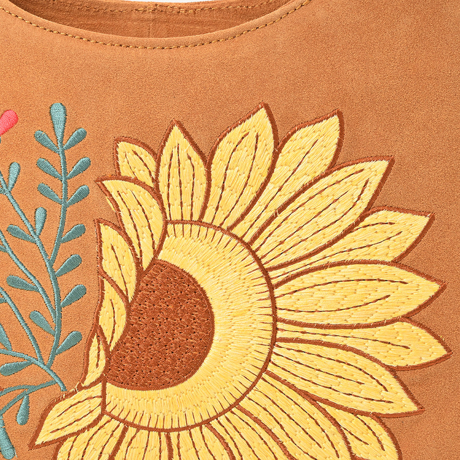 American Darling Women's Genuine Suede Leather Sunflower Embroidered Shoulder Hobo Handbag Tan Boutique Fashion Purse