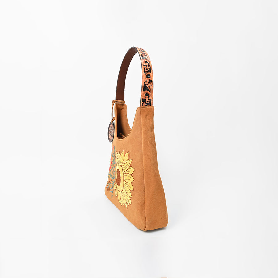 American Darling Women's Genuine Suede Leather Sunflower Embroidered Shoulder Hobo Handbag Tan Boutique Fashion Purse
