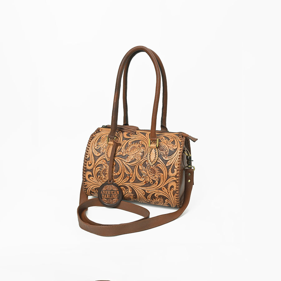 American Darling Hand-Tooled Leather Barrel Tote Bag - Western Floral Design - Uhorse