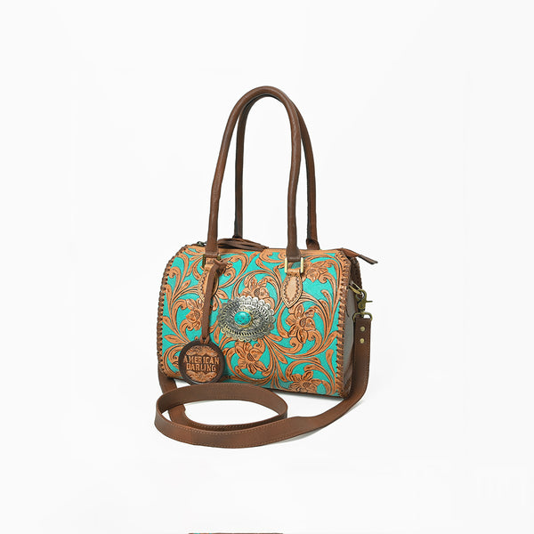 American Darling Hand-Tooled Leather Barrel Tote Bag - Western Floral Design - Uhorse