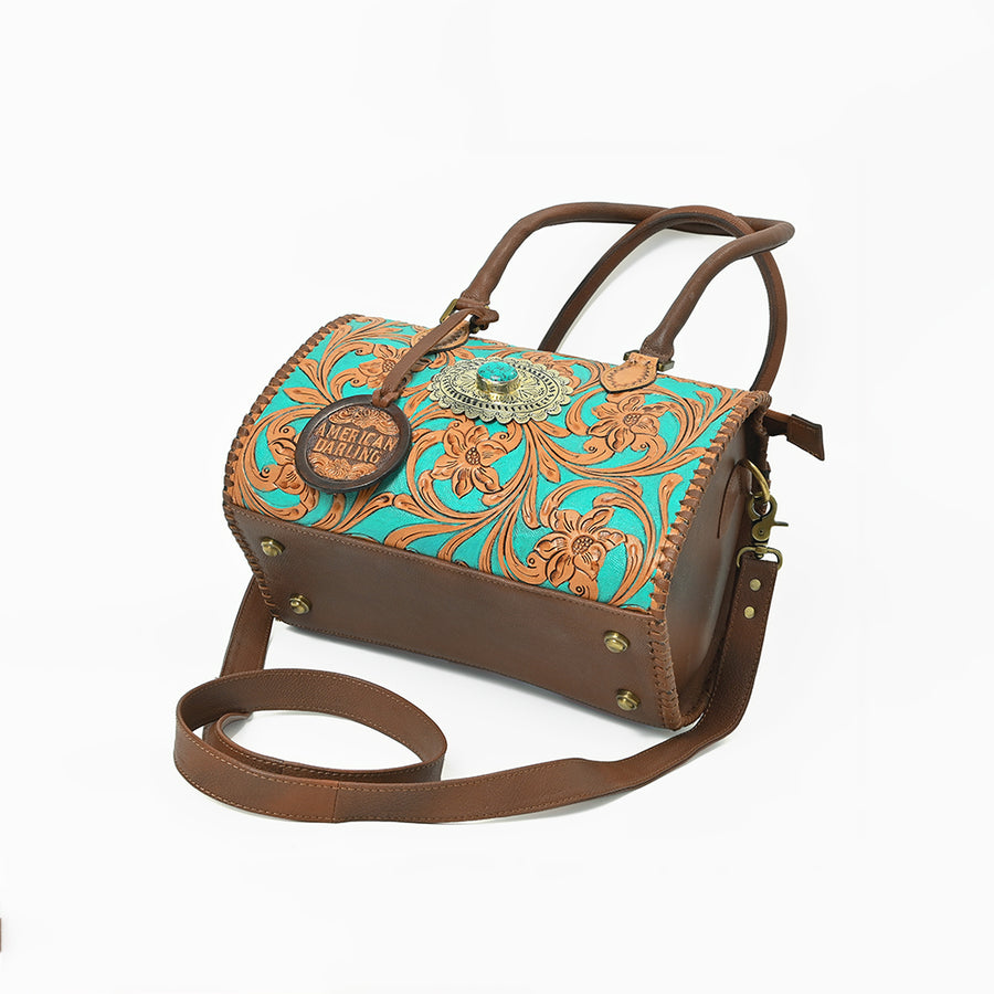 American Darling Hand-Tooled Leather Barrel Speedy Bag – Classic Western Floral Design