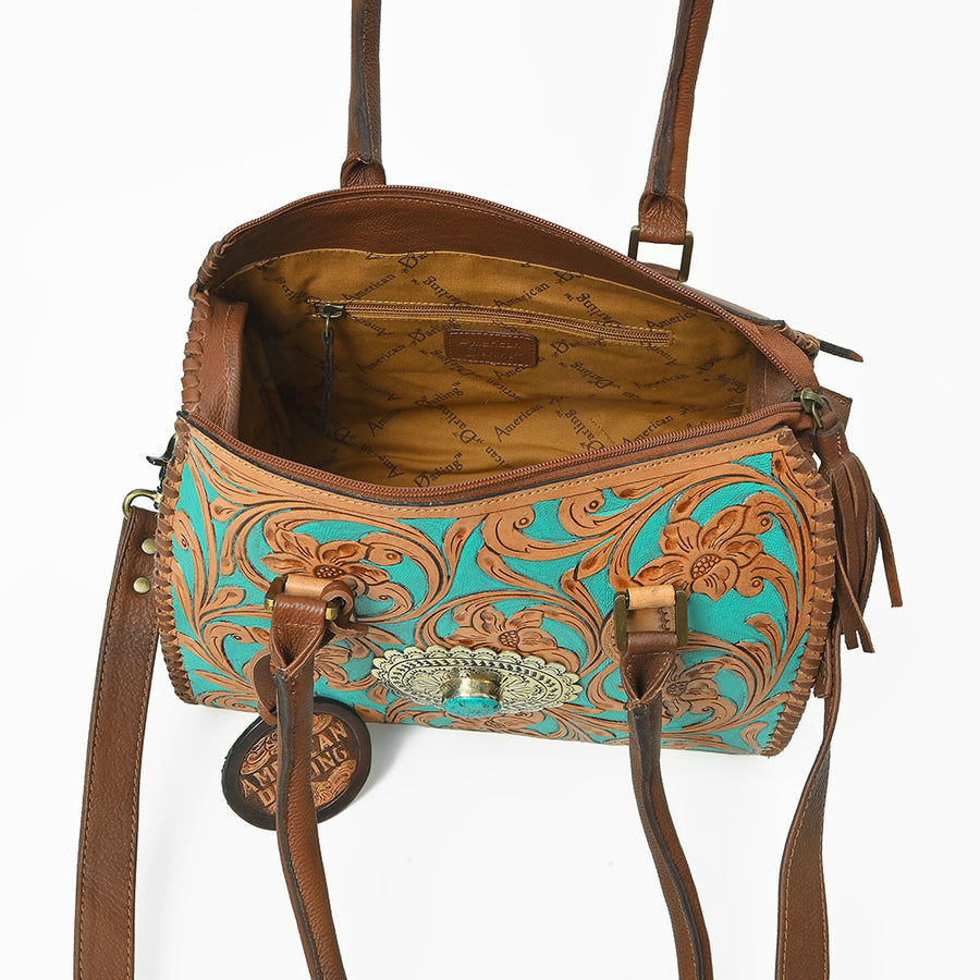 American Darling Hand-Tooled Leather Barrel Speedy Bag – Classic Western Floral Design