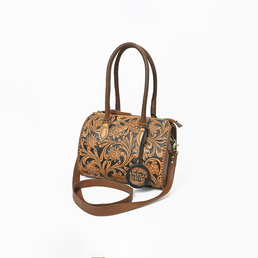 American Darling Hand-Tooled Leather Barrel Tote Bag - Western Floral Design - Uhorse