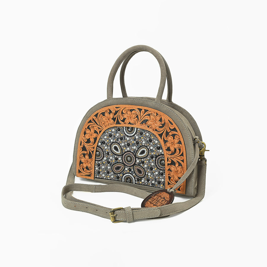 American Darling Western Leather Dome Satchel with Hand-Tooled Floral and Embellished Panel - Uhorse
