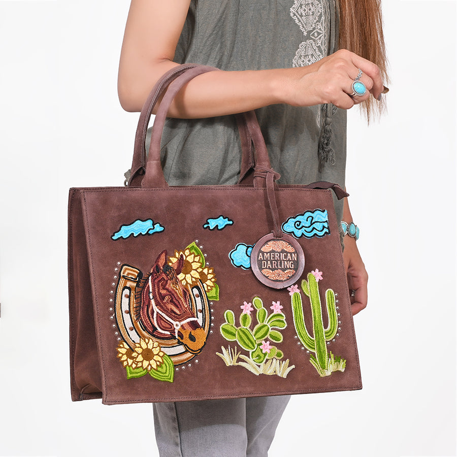 American Darling Western Horse Cactus Leather Tote Bag