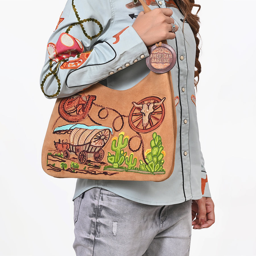 American Darling Genuine Suede Leather Embroidered Hobo Shoulder Bag Purse