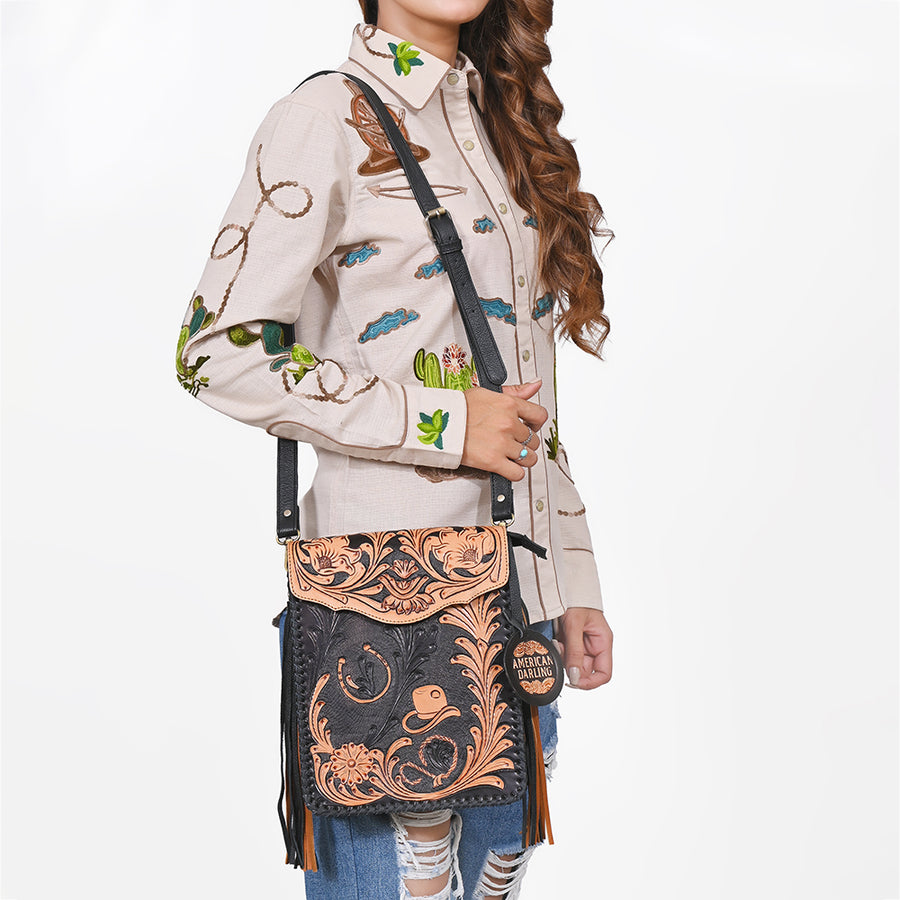 American Darling Western Black & Tan Tooled Leather Crossbody Bag with Fringe