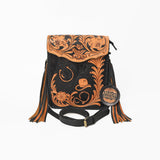 American Darling Western Black & Tan Tooled Leather Crossbody Bag with Fringe