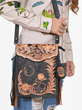 American Darling Western Black & Tan Tooled Leather Crossbody Bag with Fringe