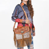 American Darling Western Floral Tooled Leather & Cowhide Fringe Crossbody Bag
